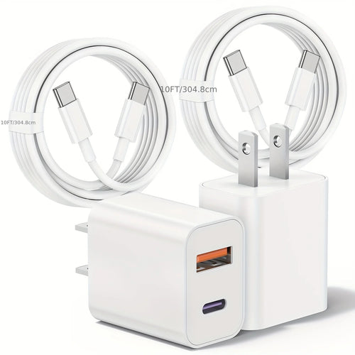 2-Pack IPhone 15 Fast Charging Block With 10FT USB C To C Cable
