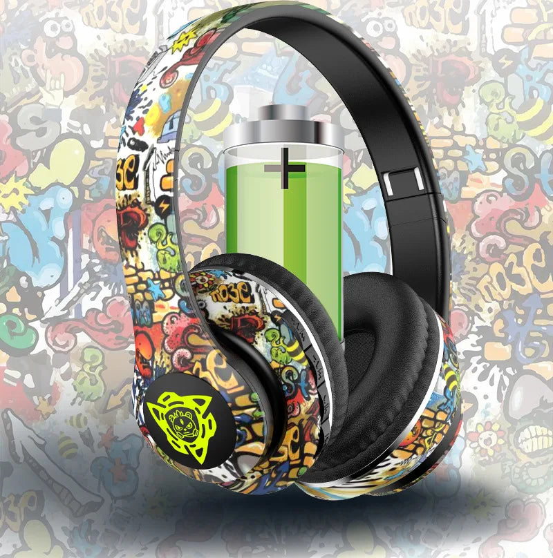 LED Graffiti Foldable Wireless Bluetooth Headphones Noise Canceling with Super Bass