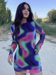 Tie Dye Long Sleeve Backless Mini Dress