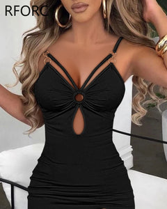 Solid O-ring Spaghetti Strap Party Dress