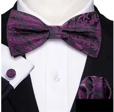 Barry.Wang Silk Bow Tie Hanky Cuffs Set