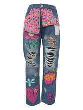 D8685  Fashion Print Loose Fit Distressed Jeans
