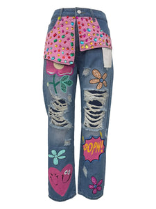 D8685  Fashion Print Loose Fit Distressed Jeans