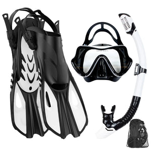 Mask Fin Snorkel Set Panoramic View Mask Adjustable Dive Flipper Dry Top Snorkel and Travel Bag