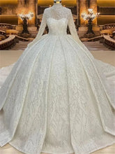 Flavinke High Neck Bead Sequins Long Sleeve Bride Dress