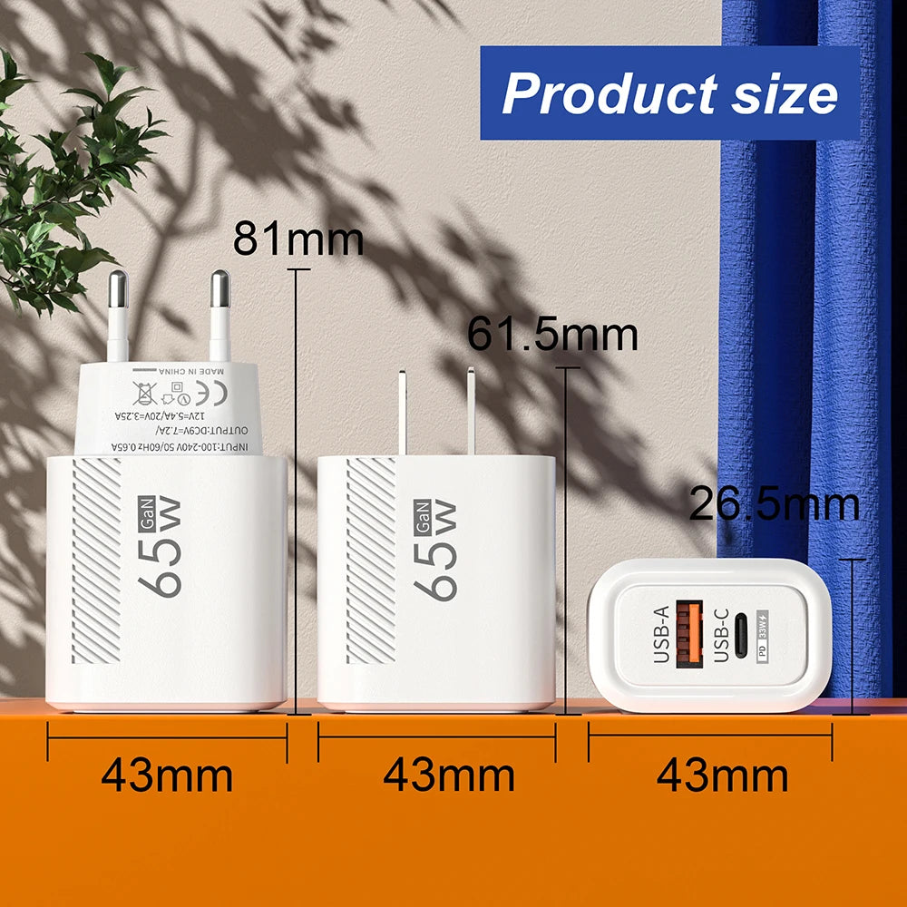 65W GaN USB C Charger Fast Charging Wall Charger