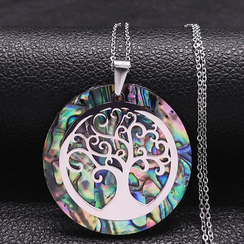 Tree of Life Stainless Steel Abalone Shell Natural Necklace Chain