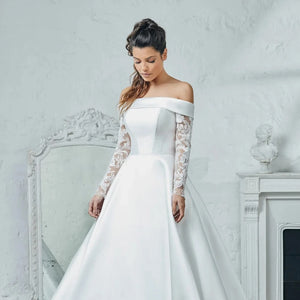 Satin Off Shoulder Elegant Lace Appliqued Ball Gown with Court Train