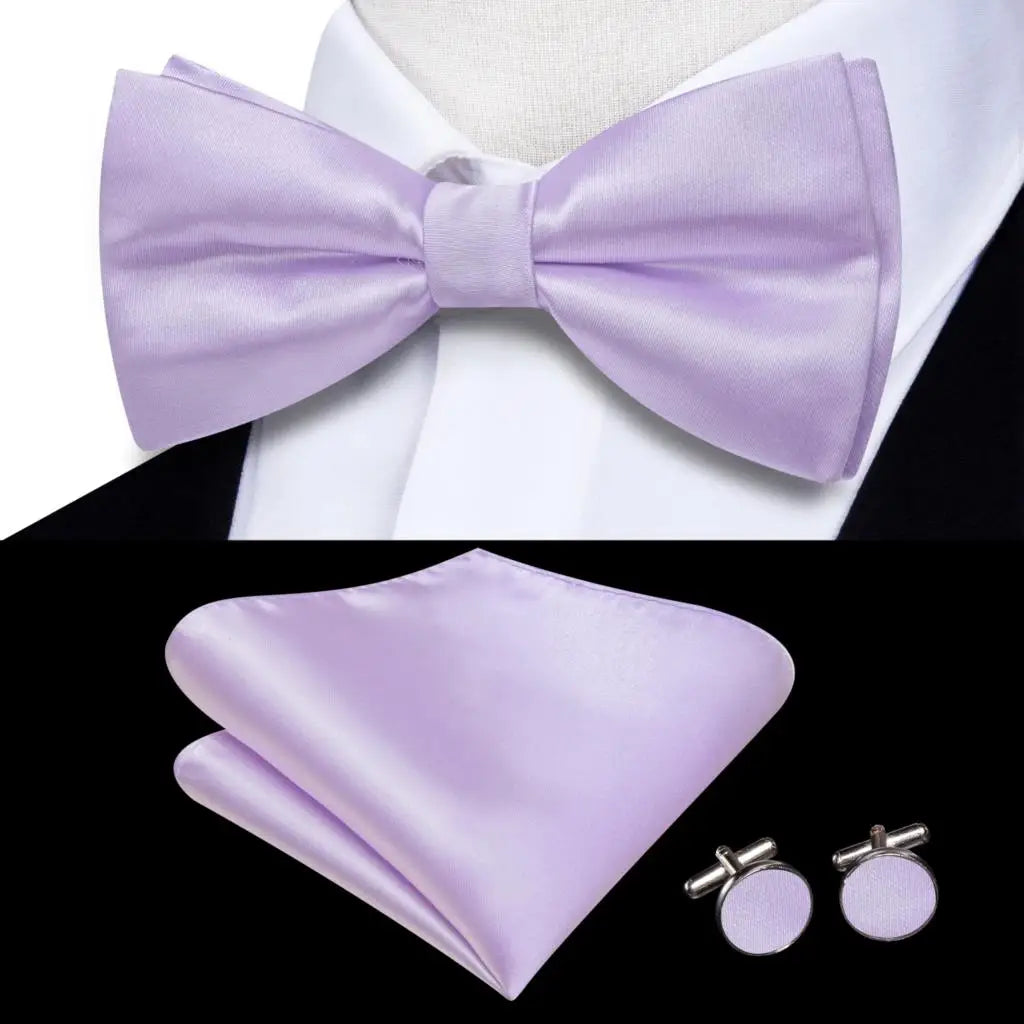 Solid Silk Bow Tie Hanky Cuff Links Set