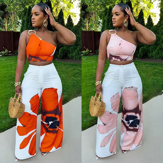 Designer Printing Single Shoulder Slim Top and Wide Leg Pants 2Pce Set