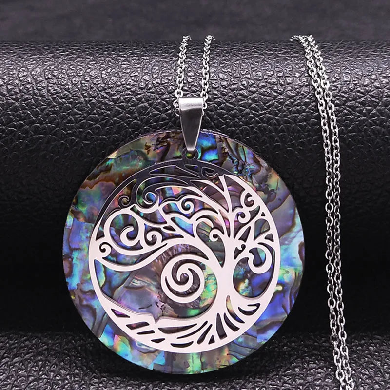 Tree of Life Stainless Steel Abalone Shell Natural Necklace Chain