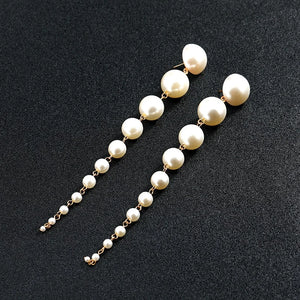 Elegant Gradient Handmade Simulated Pearl Tasseled Long Dangle Earrings