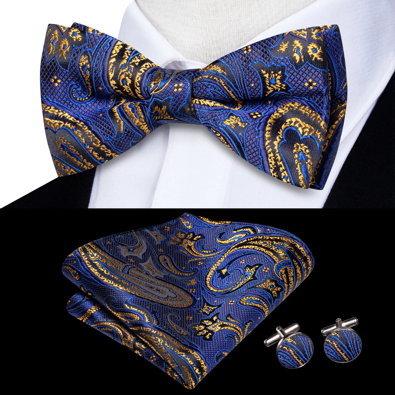 Solid Silk Bow Tie Hanky Cuff Links Set