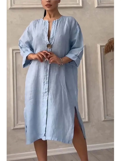 Long Sleeve Linen Solid Color Dress
