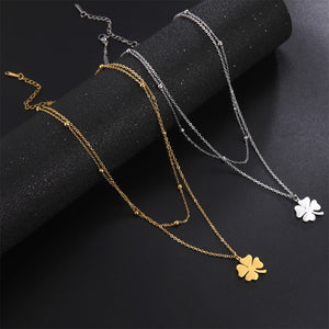 Lucky Clover Pendant Stainless Steel Double Layer Necklace