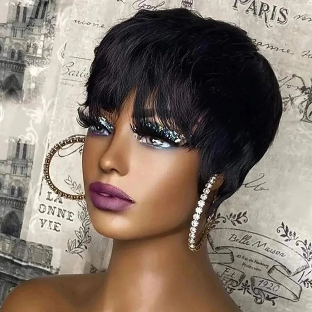 Short Pixie Cut Human Hair Wig With Bangs