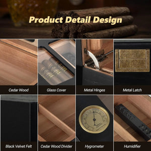 Glass Top Cedar Wood 20-35 Cigars with Hygrometer Cigar Lighter and V-Cutter