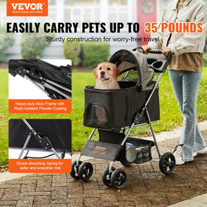 VEVOR 35lb Capacity 4 Wheel Pet Stroller with Brakes