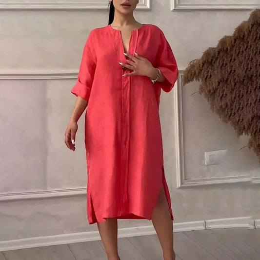 Long Sleeve Linen Solid Color Dress