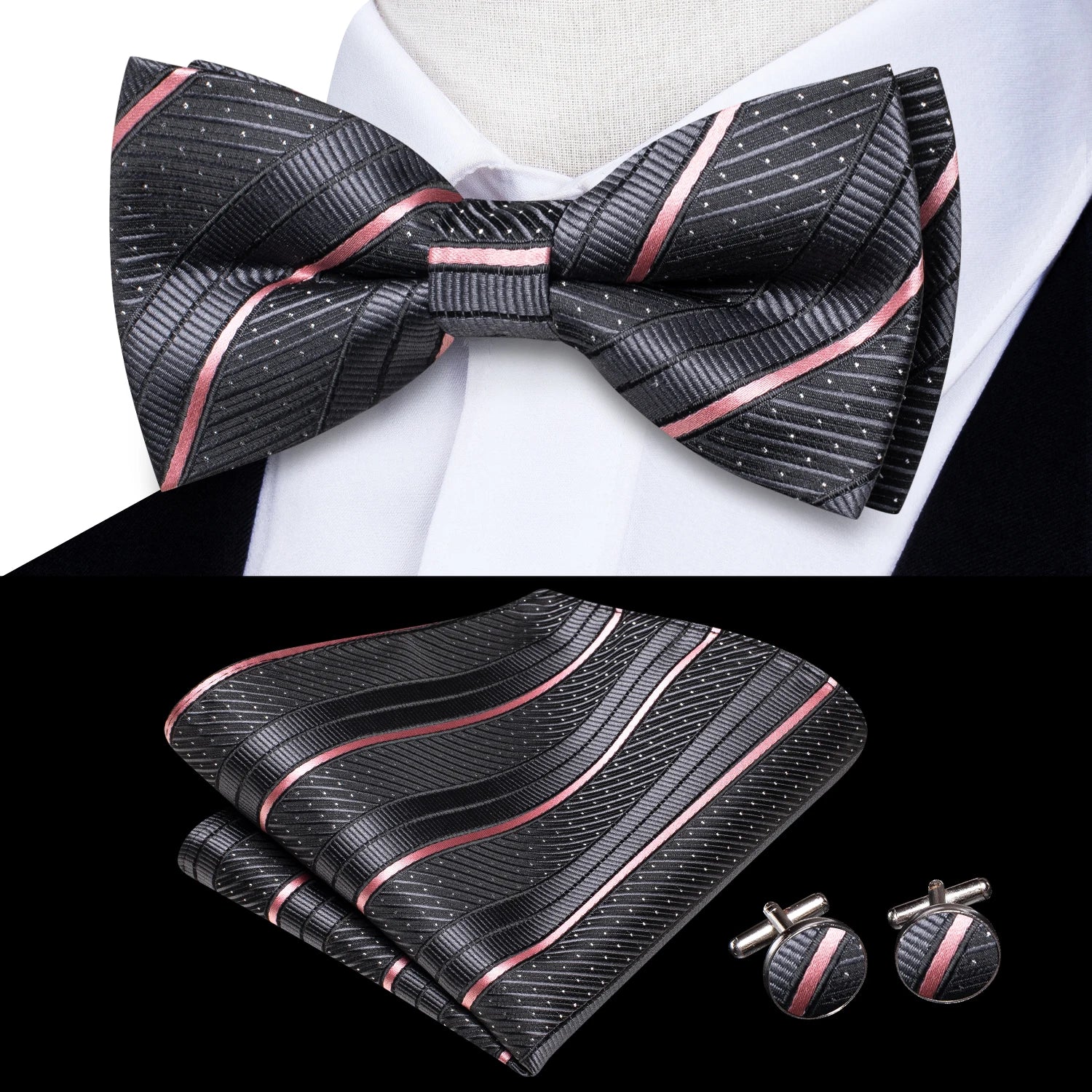 Solid Silk Bow Tie Hanky Cuff Links Set