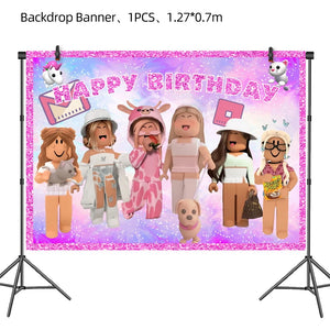 Pink Robloxed Theme Birthday Party Decorations Tableware Balloons Cups Plates Banner Backdrop Set