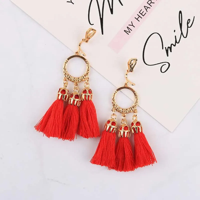 Trendy Bohemian Statement Tassel Clip On Earrings