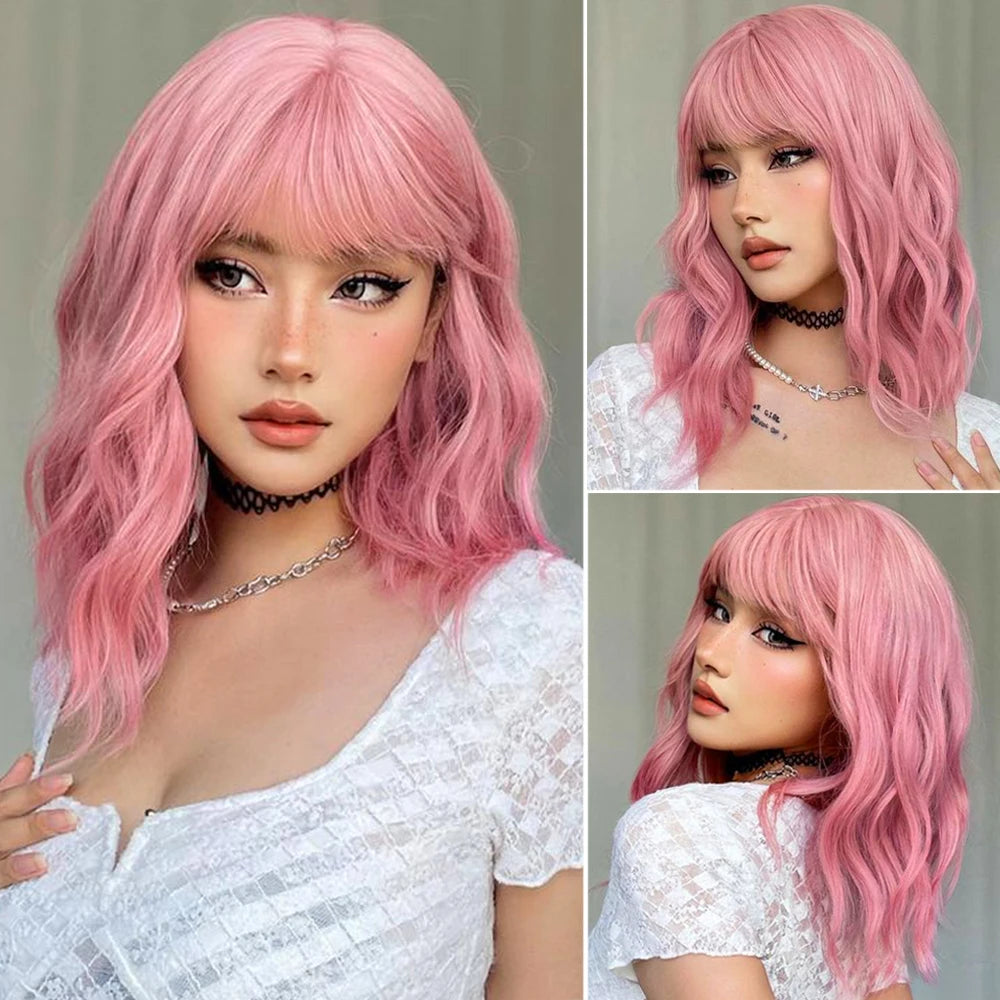 14" Soft Wavy Pink Wig With Bangs