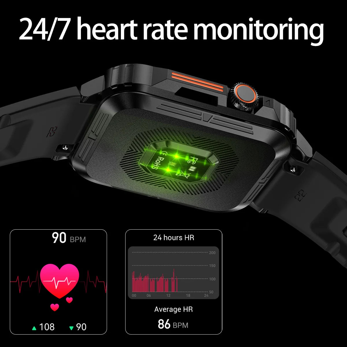 SENBONO 1.95" HD Screen Bluetooth Call 24/7 Heart Rate Monitor Smartwatch