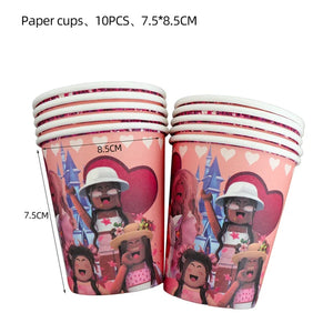 Pink Robloxed Theme Birthday Party Decorations Tableware Balloons Cups Plates Banner Backdrop Set