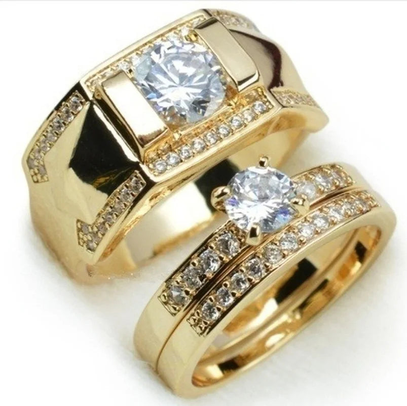 Luxury Metal Carving Inlaid Zircon Stone Couple's Bridal Set