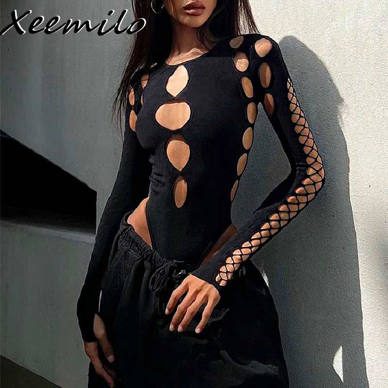 Xeemilo Hollow Out Long-Sleeve Bodysuit