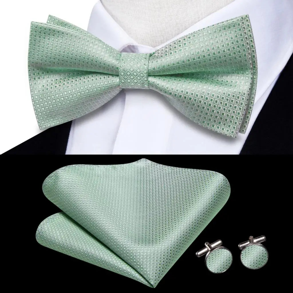 Solid Silk Bow Tie Hanky Cuff Links Set