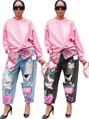 D8685  Fashion Print Loose Fit Distressed Jeans
