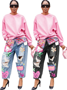 D8685  Fashion Print Loose Fit Distressed Jeans