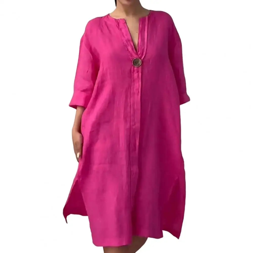 Soft Fabric Button V-neck A-line Midi Dress with Three Quarter Sleeves