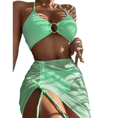 Solid Color 3Pce Bikini With Adjustable Drawstring
