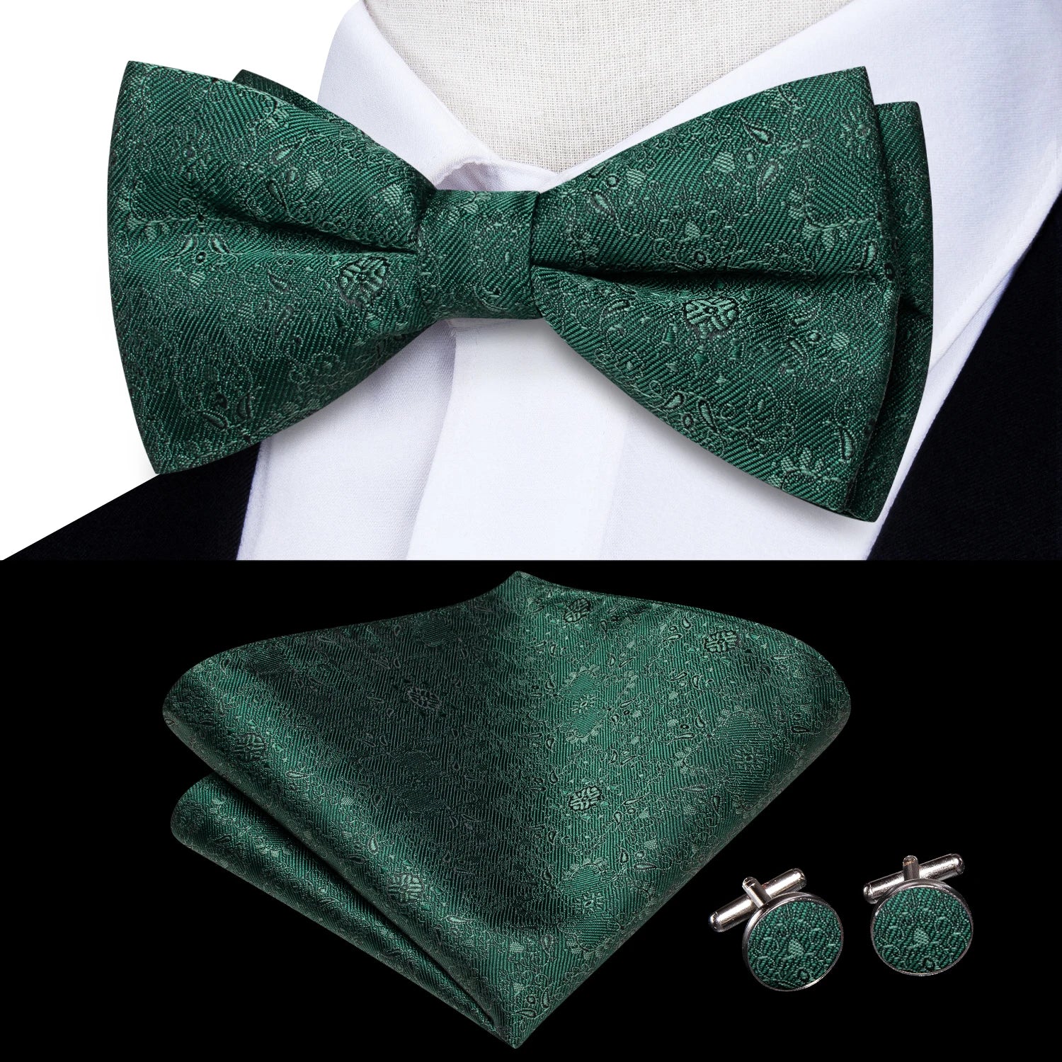Solid Silk Bow Tie Hanky Cuff Links Set