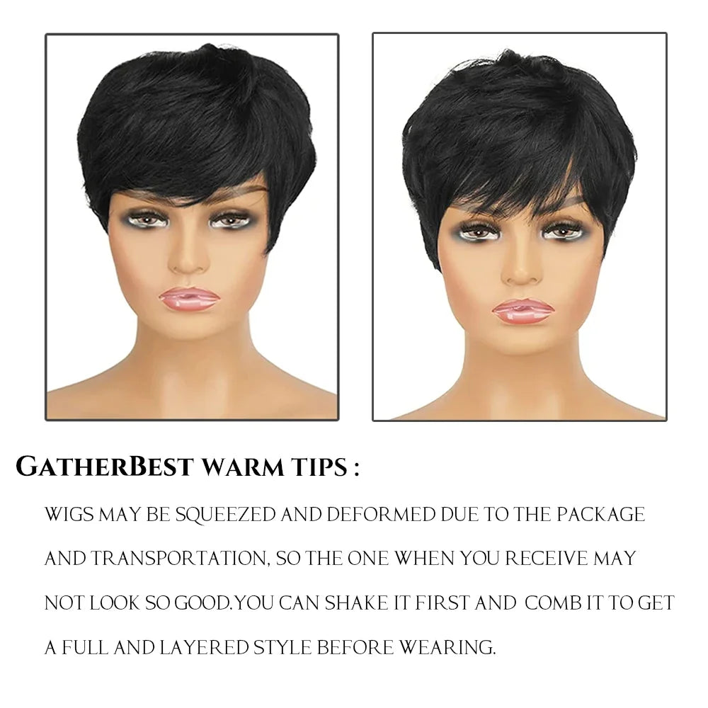 Short Human Hair Pixie Cut Straight Wig With Bangs
