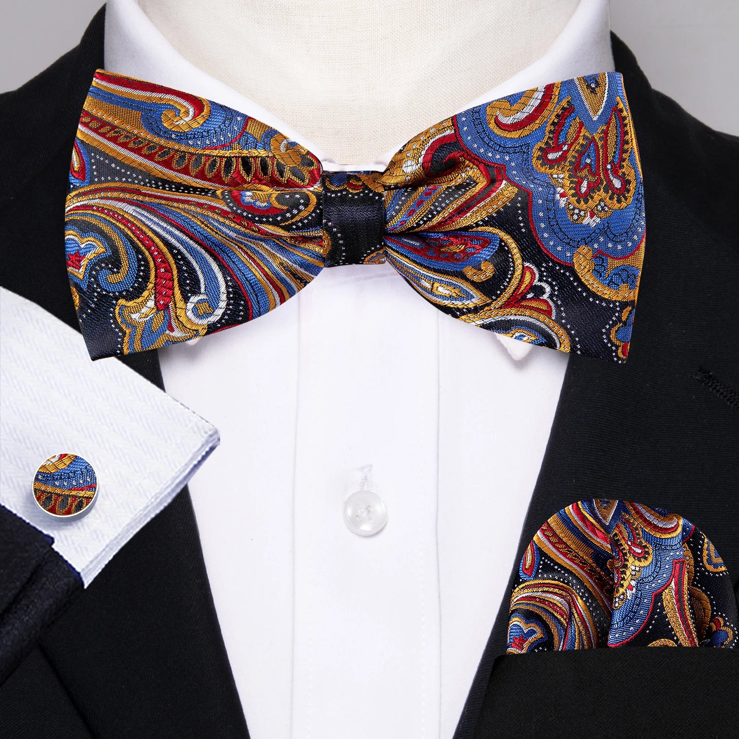 Barry.Wang Silk Bow Tie Hanky Cuffs Set