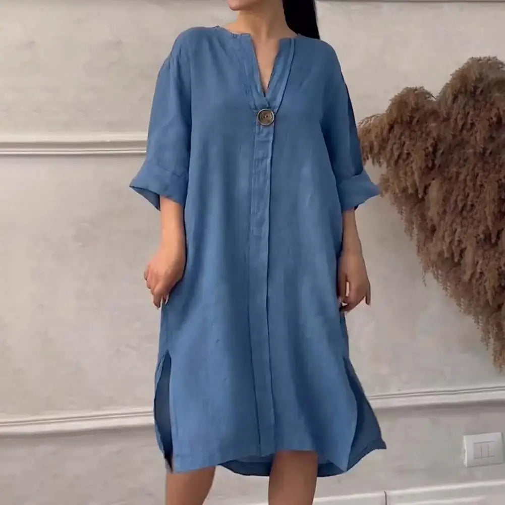 Soft Fabric Button V-neck A-line Midi Dress with Three Quarter Sleeves