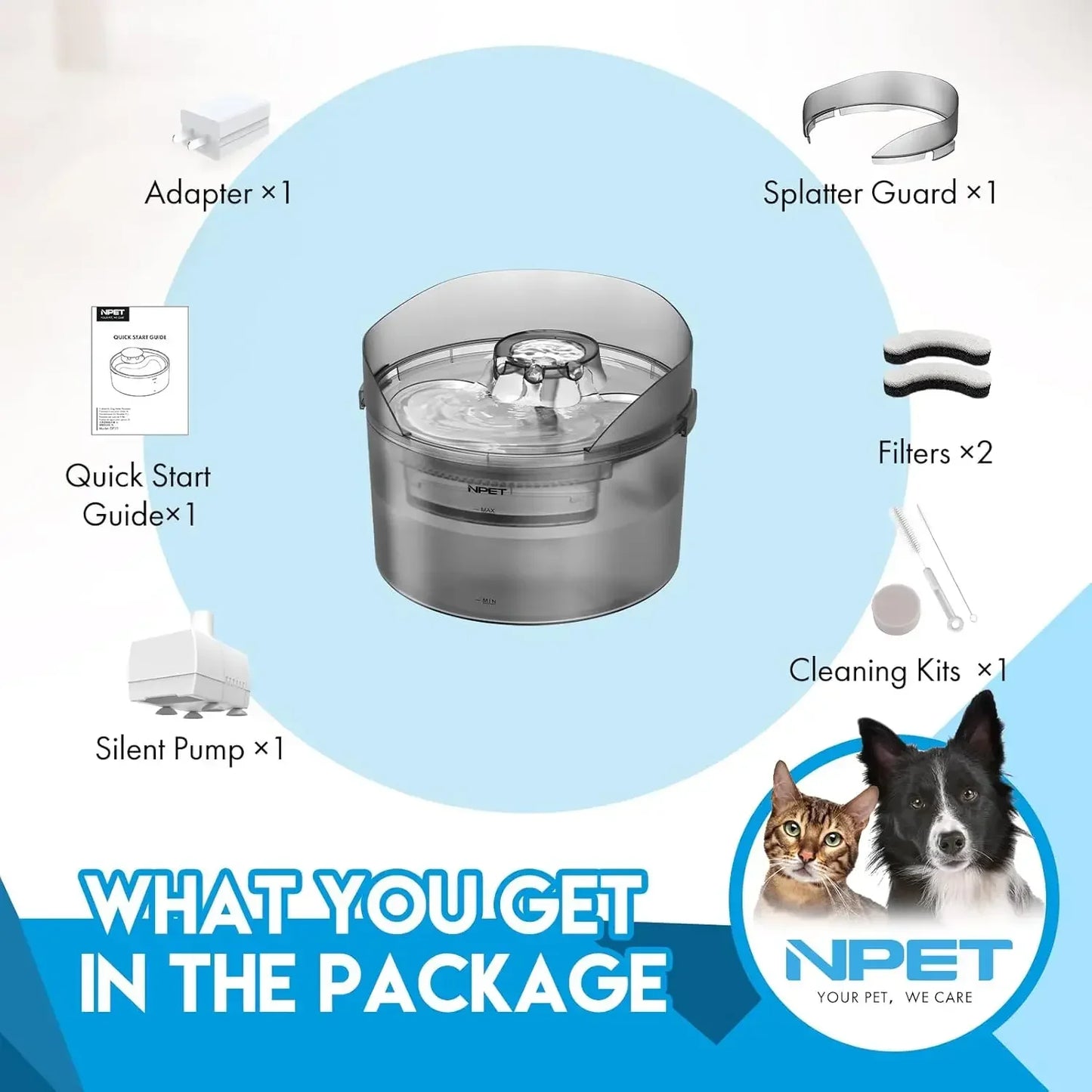 NPET Fountain 2 Gallon/270oz/8L Large Automatic Pet Water Dispenser with Splatter Guard
