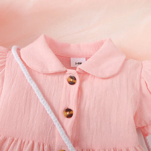 2PCS Baby Girl Pink Short Sleeve Dress with Cute Shoulder Bag