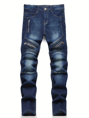 Ribbed Elastic Waist Straight Leg Jeans