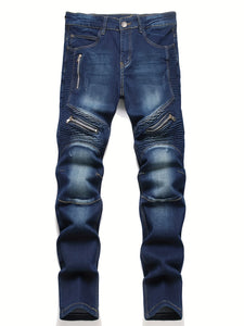 Ribbed Elastic Waist Straight Leg Jeans