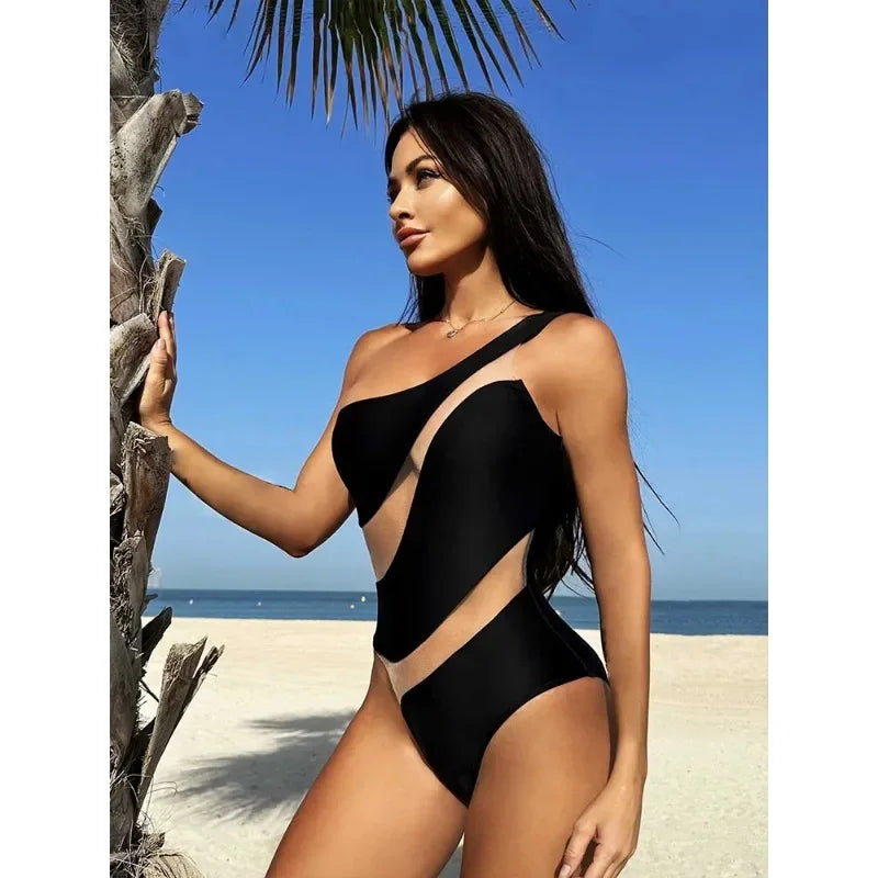 Black One Piece One Shoulder Swimwear