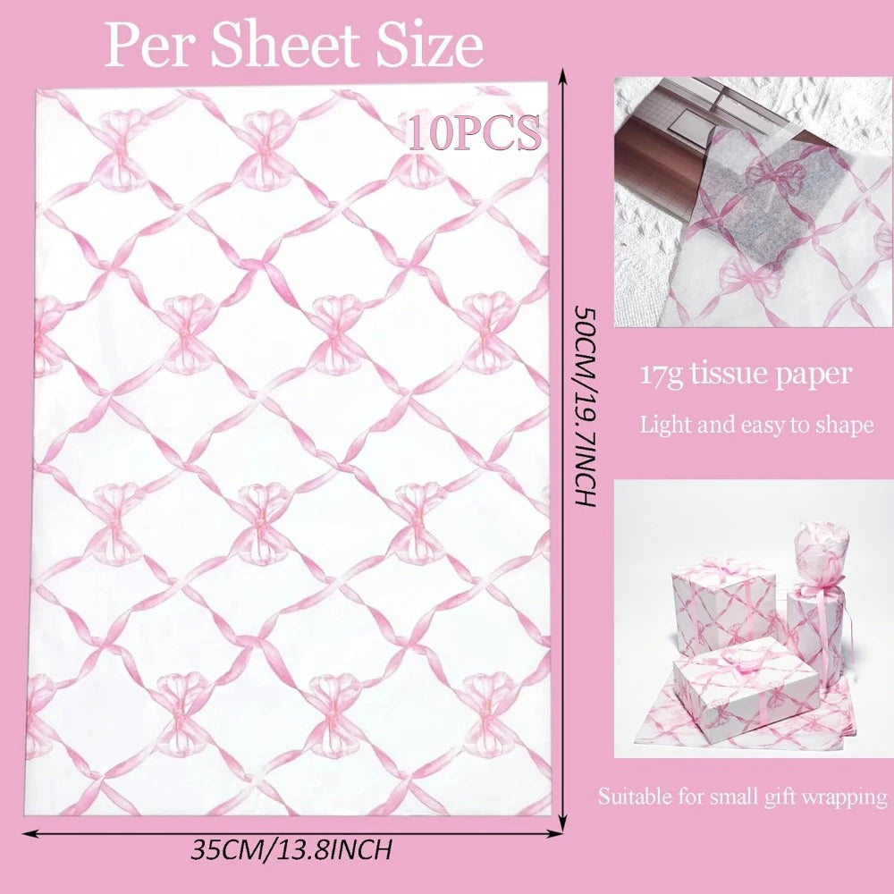 10 Sheets 20x14inch Pink Bow Tissue Paper