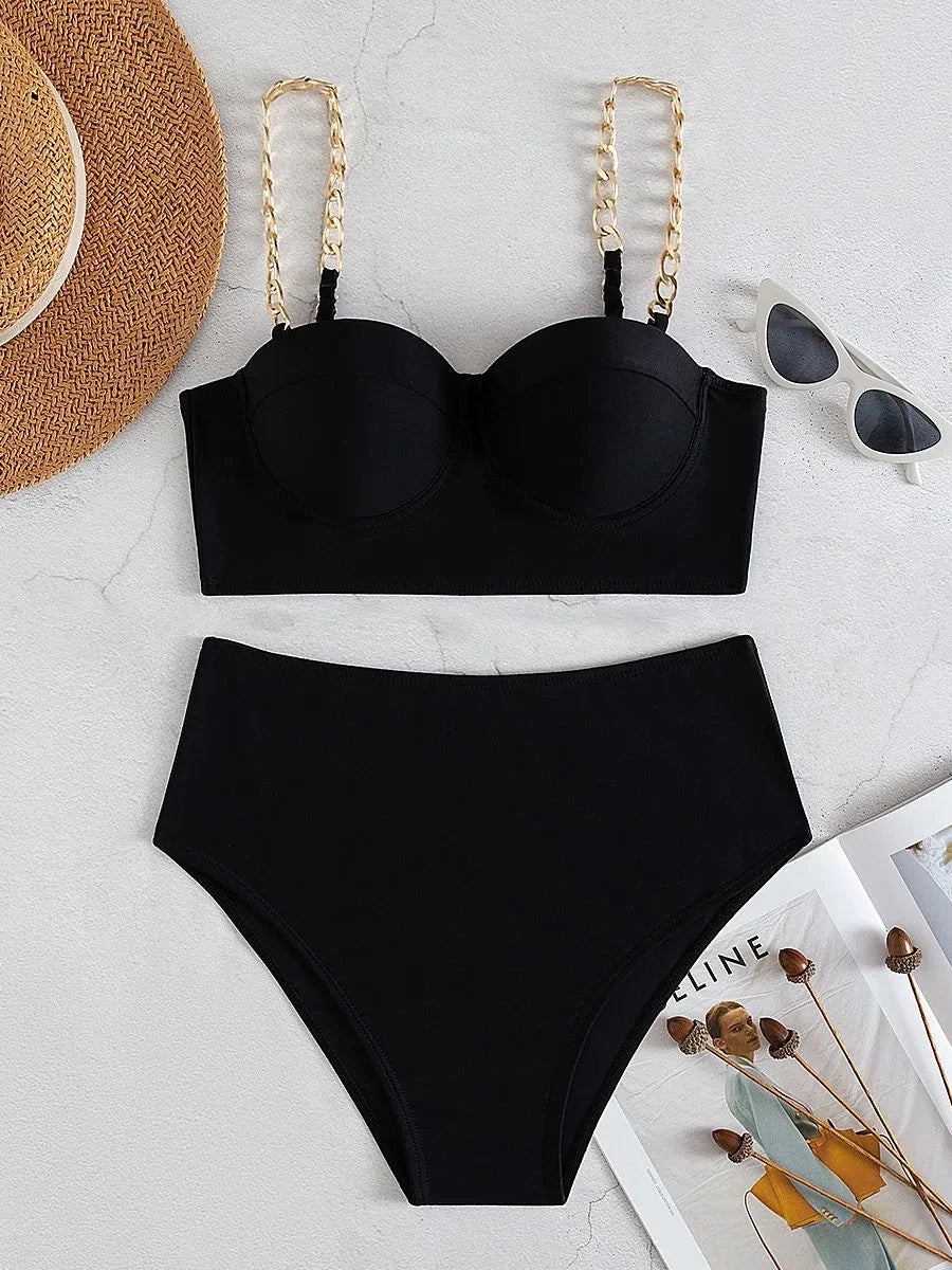 Hard Wrap Top Underwire Chain Shoulder Straps High Waist Swimwear