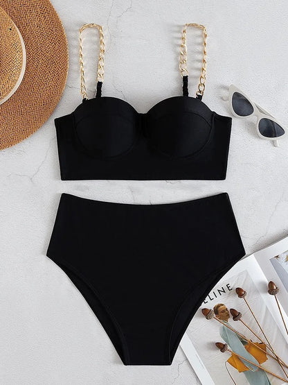 Hard Wrap Top Underwire Chain Shoulder Straps High Waist Swimwear
