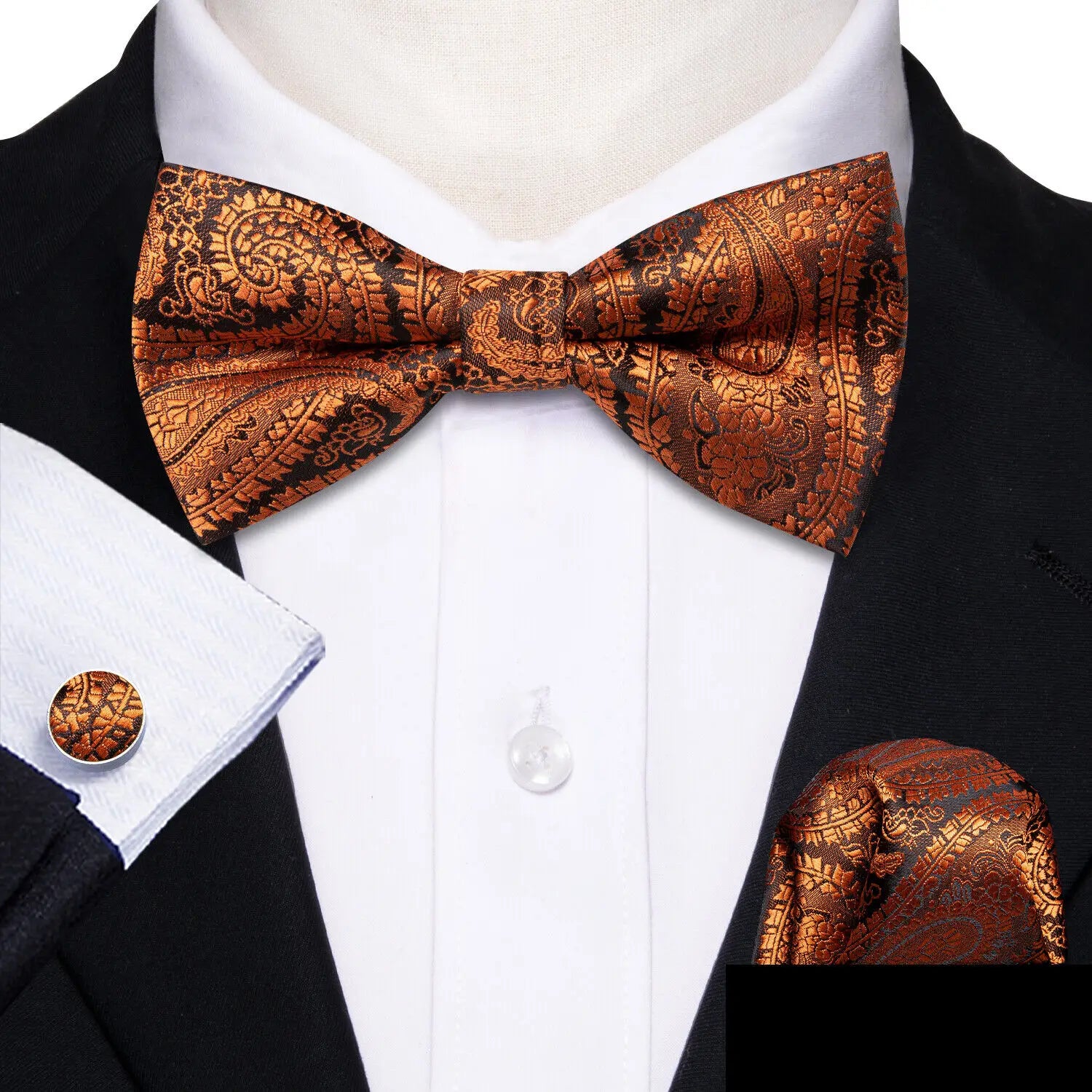 Barry.Wang Silk Bow Tie Hanky Cuffs Set