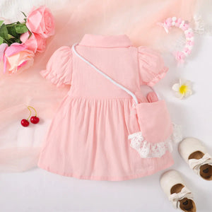 2PCS Baby Girl Pink Short Sleeve Dress with Cute Shoulder Bag